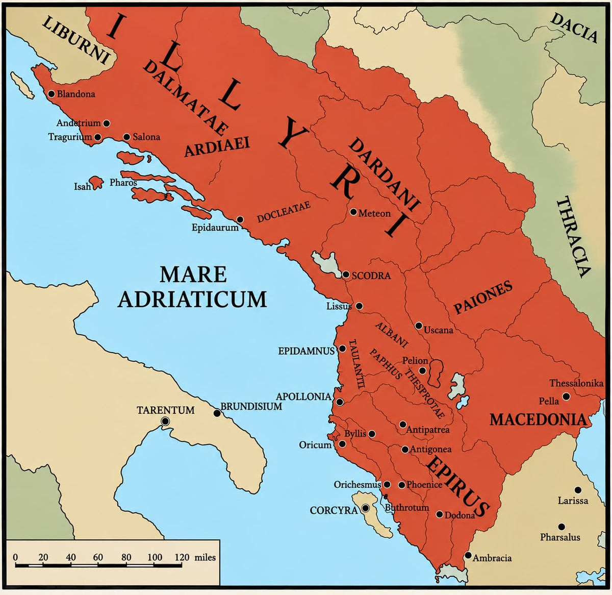 A historical map of Illyrian, showing the Roman province in red, surrounded by neighboring regions and bodies of water including the Adriatic Sea. The map includes labeled cities, provinces, and a scale bar in the bottom-left corner.