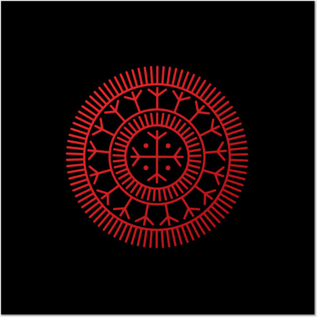 A red circular geometric emblem with concentric rings and radiating lines, centered on a solid black background.