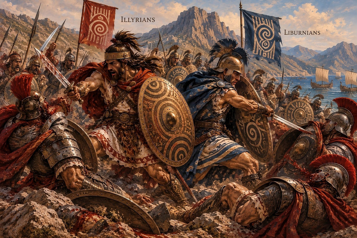 Renaissance-style battle scene showing armored warriors with shields and spears in a rocky coastal setting, with mountains and sea in the background. Flags reading ILLYRIANS and LIBURNians are visible above groups of soldiers.