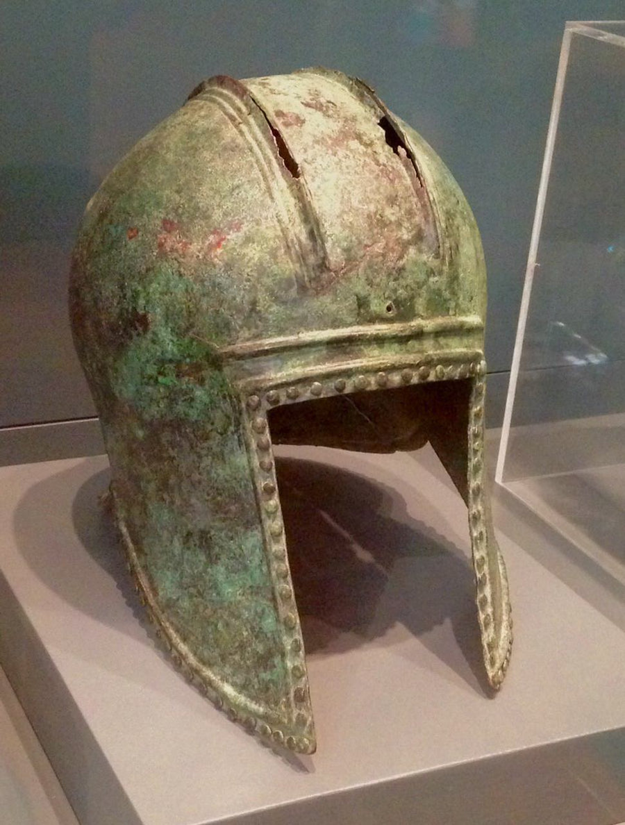 An ancient Greco-Illyrian bronze helmet (often referred to as an Illyrian helmet) dating from the Archaic period, roughly around the 6th to early 5th century BCE